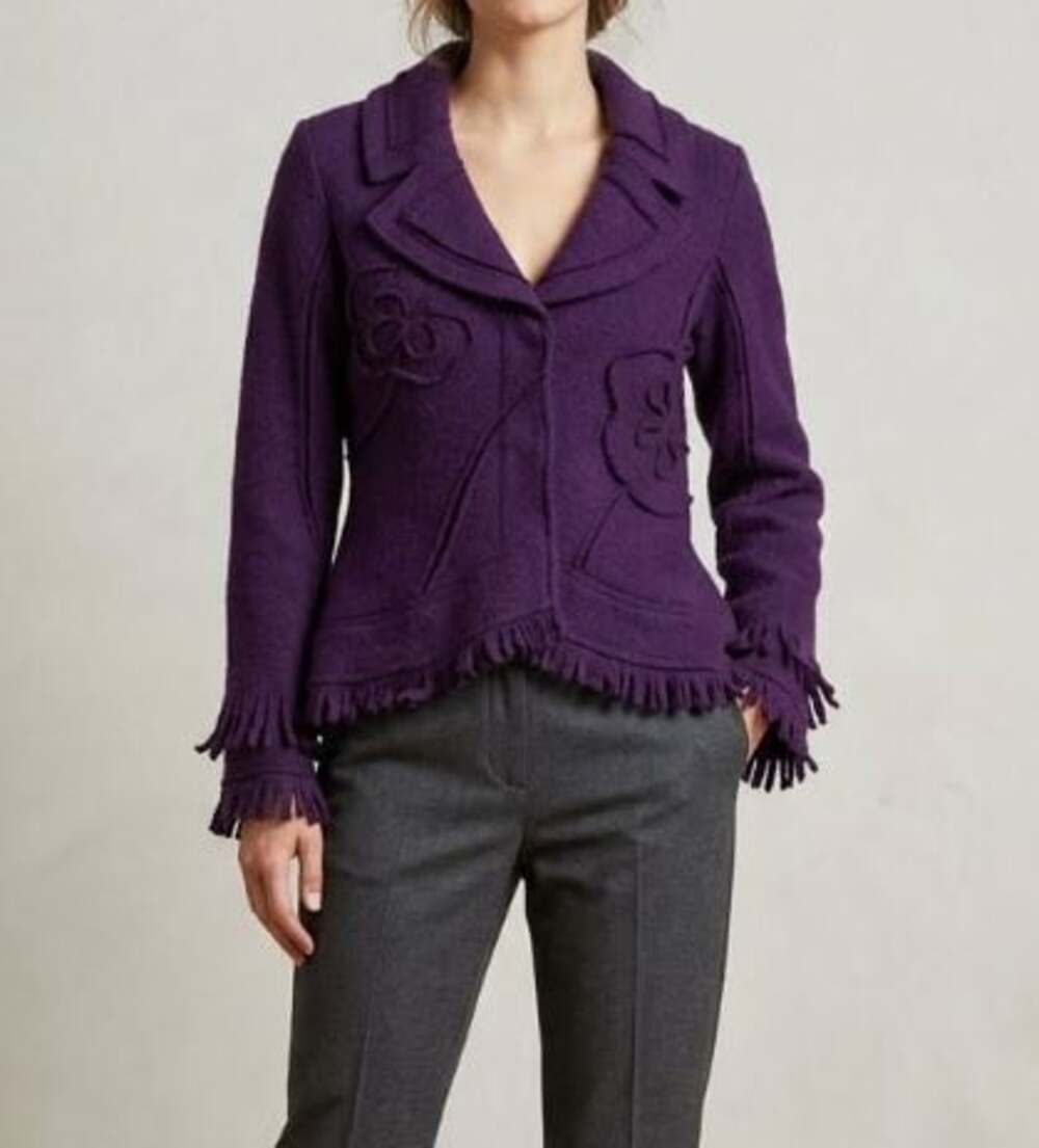Nikki Valenti Purple Boiled Wool Jacket with Floral Applique and Fringe